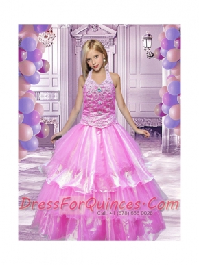 2014 Cute Ball Gown Halter Rose Pink Little Girl Pageant Dress