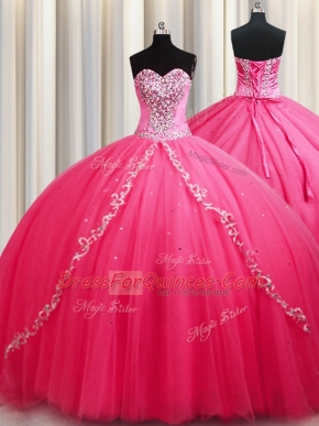 Superior Hot Pink Lace Up Sweet 16 Dresses Beading Sleeveless Brush Train
