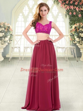 Traditional Straps Sleeveless Zipper Prom Dress Wine Red Chiffon