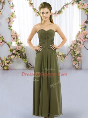 Olive Green Sleeveless Ruching Floor Length Court Dresses for Sweet 16