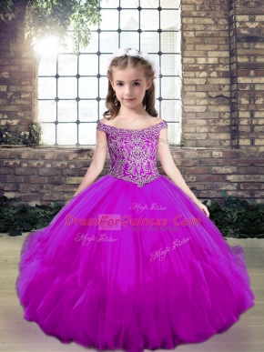 Fashionable Fuchsia Sleeveless Tulle Lace Up Pageant Gowns for Party and Wedding Party