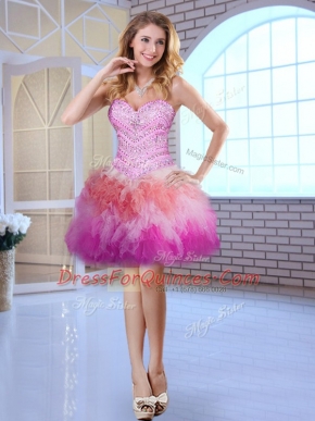 Fantastic Sweetheart Sleeveless Prom Dress Mini Length Beading Multi-color Tulle
