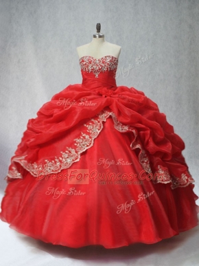 Red Organza Lace Up Sweetheart Sleeveless Floor Length Quince Ball Gowns Appliques and Pick Ups