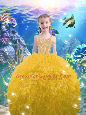 Gold Ball Gowns Organza Straps Sleeveless Beading and Ruffles Floor Length Lace Up Girls Pageant Dresses