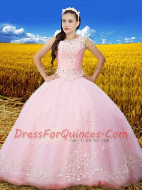 Scoop Baby Pink Tulle Lace Up Sweet 16 Quinceanera Dress Sleeveless Floor Length Beading and Lace and Embroidery