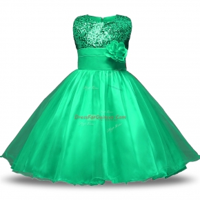 Fancy Turquoise Ball Gowns Scoop Sleeveless Organza and Sequined Knee Length Zipper Belt and Hand Made Flower Flower Girl Dress
