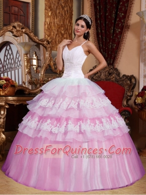 Pink Ball Gown Spaghetti Straps Elegant Organza Lace Appliques Quinceanera Dress