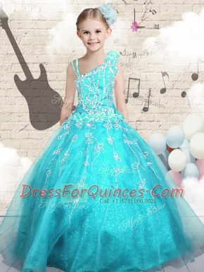 Admirable Aqua Blue Lace Up Asymmetric Appliques Flower Girl Dresses Tulle Sleeveless