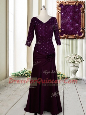 Vintage Half Sleeves Floor Length Zipper Prom Dresses Dark Purple for Prom with Beading and Lace and Hand Made Flower
