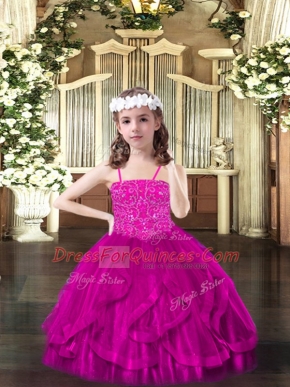 Best Spaghetti Straps Sleeveless Tulle Little Girls Pageant Dress Beading and Ruffles Lace Up