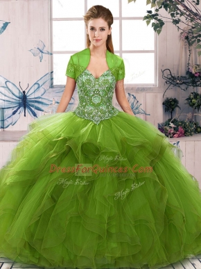 Shining Olive Green Tulle Lace Up 15th Birthday Dress Sleeveless Floor Length Beading and Ruffles