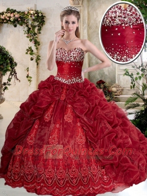 Gorgeous Brush Train Wine Red Quinceanera Gowns with Embroidery