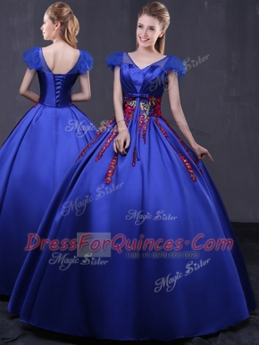 Stunning Cap Sleeves Floor Length Lace Up 15 Quinceanera Dress Royal Blue for Military Ball and Sweet 16 and Quinceanera with Appliques