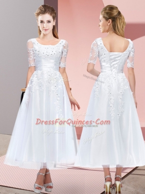 White Lace Up Scoop Beading and Lace Vestidos de Damas Tulle Short Sleeves