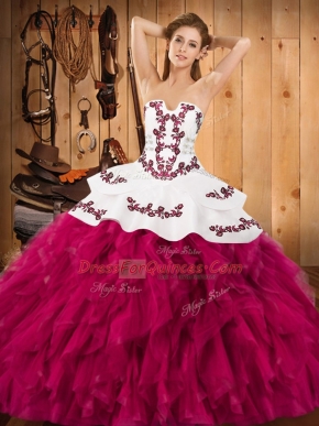 Fuchsia Strapless Neckline Embroidery and Ruffles Quinceanera Gown Sleeveless Lace Up