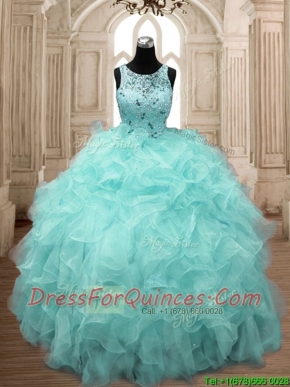 See Through Scoop Beading and Ruffles Quinceanera Dress in Aqua Blue