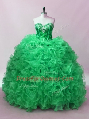Green Fabric With Rolling Flowers Lace Up 15th Birthday Dress Sleeveless Floor Length Sequins