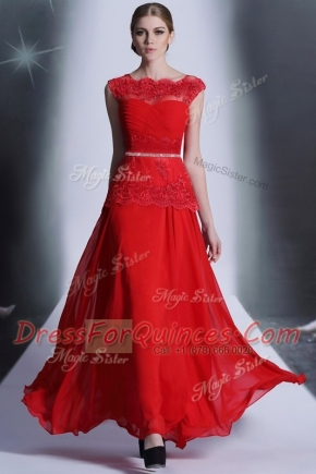 Trendy Scalloped Floor Length Side Zipper Dress for Prom Red for Prom and Party with Beading and Lace