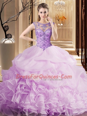 Scoop Sleeveless Brush Train Beading and Ruffles and Pick Ups Lace Up Sweet 16 Dresses