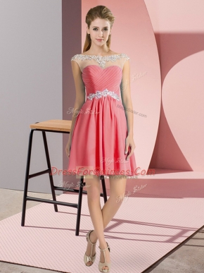 Dynamic Mini Length Watermelon Red Evening Dress Chiffon Cap Sleeves Beading