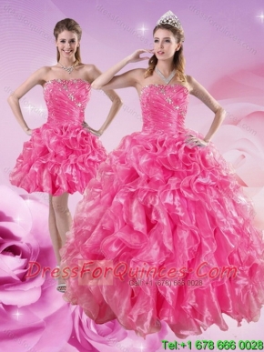 Sturning Hot Pink Quince Dresses with Beading and Ruffles for 2015