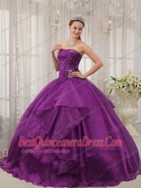 Purple Ball Gown Strapless Floor-length Organza Beading Quinceanera Dress