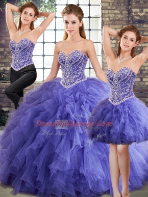 Sleeveless Floor Length Beading and Ruffles Lace Up Sweet 16 Dress with Lavender