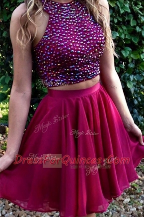Popular Two Pieces Prom Dresses Fuchsia Halter Top Chiffon Sleeveless Knee Length Criss Cross