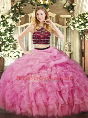 Fashion Sleeveless Floor Length Beading and Ruffles Zipper 15th Birthday Dress with Rose Pink