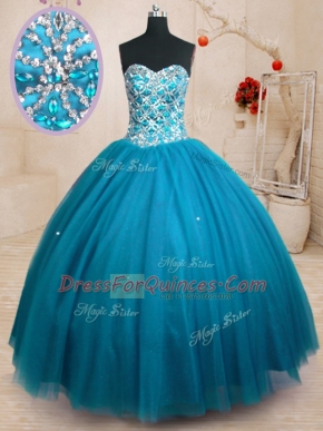 Sumptuous Floor Length Teal Ball Gown Prom Dress Tulle Sleeveless Beading