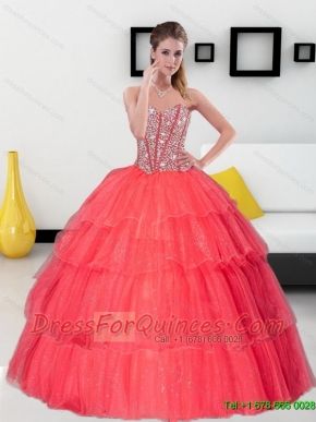 Wholesale Beading and Ruffled Layers Sweetheart Coral Red Quinceanera Dresses for 2015