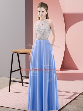 Smart Blue Backless Prom Dresses Beading Sleeveless Floor Length