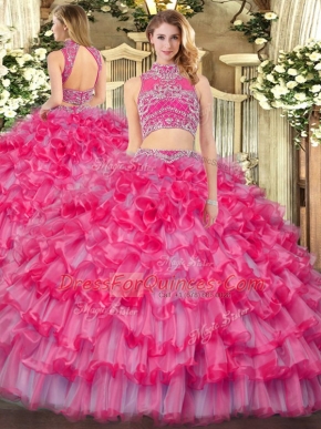 Low Price Coral Red High-neck Backless Beading and Ruffled Layers Quince Ball Gowns Sleeveless