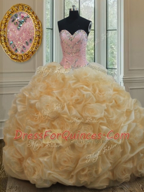 Champagne Ball Gowns Beading Quinceanera Gown Lace Up Organza Sleeveless Floor Length
