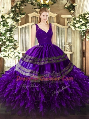 Cheap Purple Sleeveless Organza Zipper Quinceanera Dress for Sweet 16 and Quinceanera