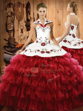 Dynamic Wine Red Sleeveless Satin and Organza Lace Up Vestidos de Quinceanera for Military Ball and Sweet 16 and Quinceanera