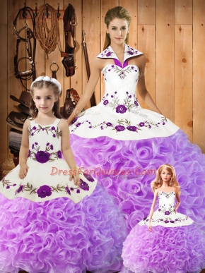 Lilac Satin and Fabric With Rolling Flowers Lace Up Halter Top Sleeveless Floor Length Sweet 16 Dress Embroidery