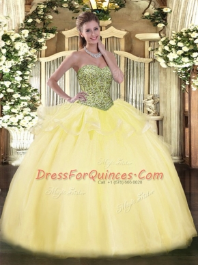 Traditional Light Yellow Lace Up Quinceanera Gowns Beading and Ruffles Sleeveless Floor Length