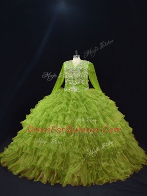 Luxurious Olive Green Ball Gowns Organza V-neck Long Sleeves Ruffled Layers Floor Length Lace Up 15 Quinceanera Dress