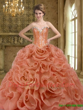 2015 Elegant Beading and Rolling Flowers Rust Red Sweet 16 Dresses