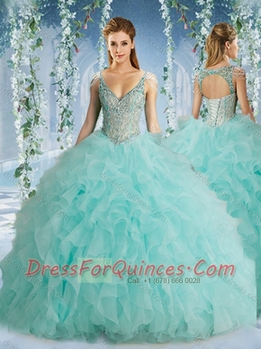 The Super Hot Beaded Decorated Cap Sleeves Sweet 16 Dresses  with Deep V Neck