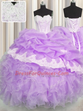 Fashion Sleeveless Floor Length Beading and Appliques and Ruffles and Pick Ups Lace Up Vestidos de Quinceanera with Lilac