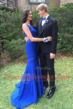 Sumptuous Brush Train Mermaid Prom Party Dress Royal Blue Scoop Chiffon Sleeveless With Train Zipper