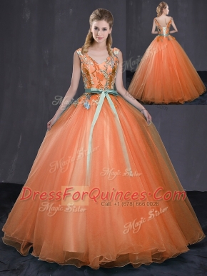 Ideal Orange Ball Gowns Tulle V-neck Sleeveless Beading and Belt Floor Length Lace Up Quinceanera Gowns