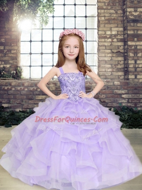 Sleeveless Tulle Floor Length Lace Up Little Girls Pageant Dress in Lavender with Beading and Ruffles