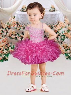 Ball Gown Spaghetti Straps Hot Pink Little Girl Dresses With Beading Bowknot