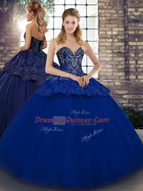 Excellent Royal Blue Ball Gowns Beading and Appliques Sweet 16 Quinceanera Dress Lace Up Tulle Sleeveless Floor Length