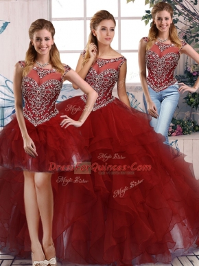 Elegant Sleeveless Floor Length Beading and Ruffles Zipper Ball Gown Prom Dress with Burgundy