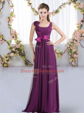 Dark Purple Chiffon Zipper Quinceanera Dama Dress Sleeveless Floor Length Belt and Hand Made Flower