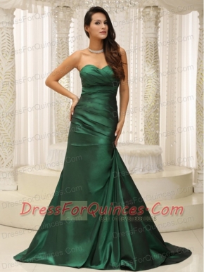 Prom Dress Dark Green Modest  Ruched Bodice Brush Train Custom Made